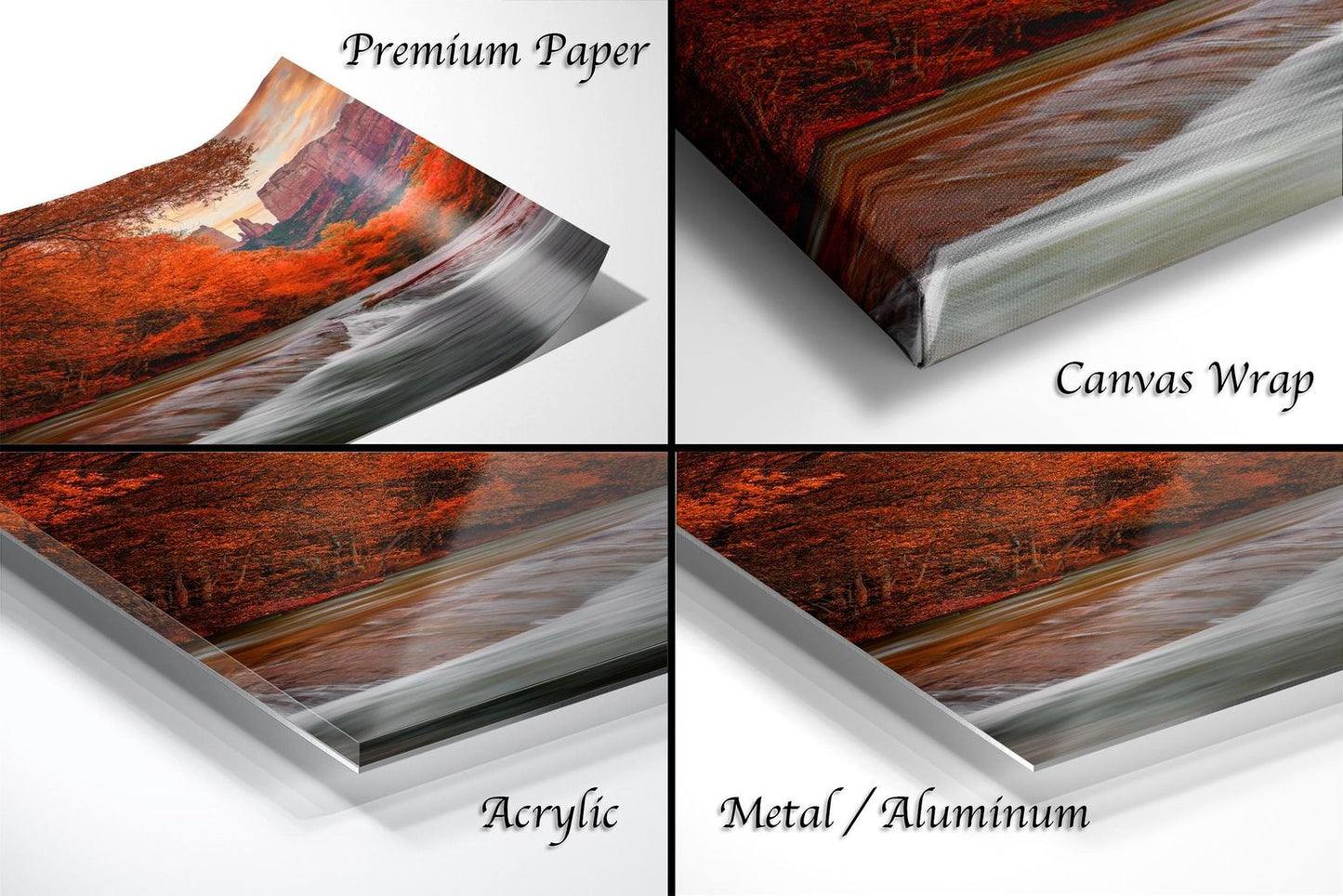 The image is a collage of four different views of a landscape photograph, each with a different material used to display the artwork. The text labels the materials as "Premium Paper", "Canvas Wrap", "Acrylic", and "Metal/Aluminum".