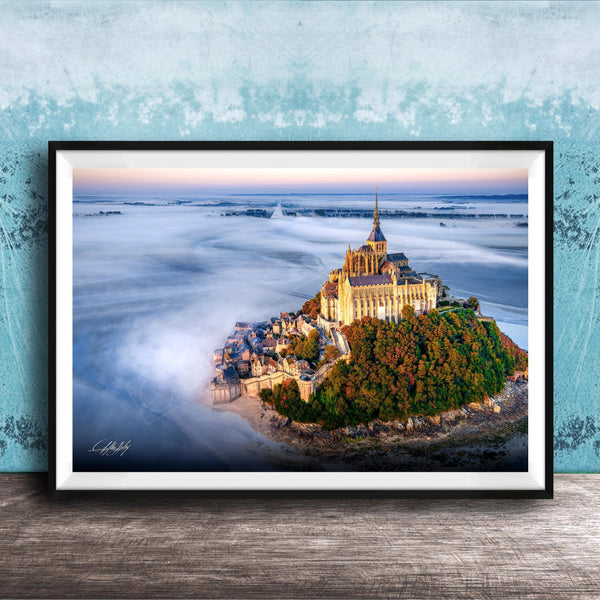 Mont Saint-Michel Poster – Normandy Coastal Art | Sunrise Fog Wall Art Print