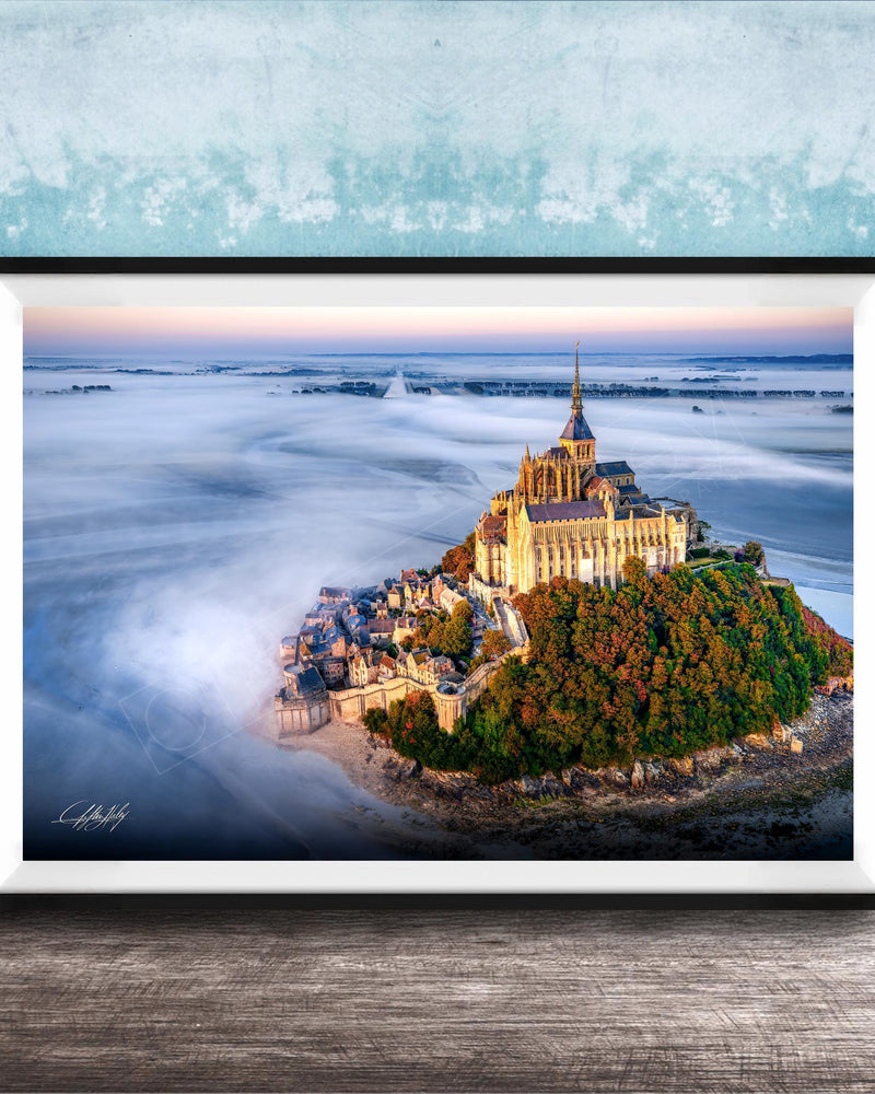 Mont Saint-Michel Poster – Normandy Coastal Art | Sunrise Fog Wall Art Print