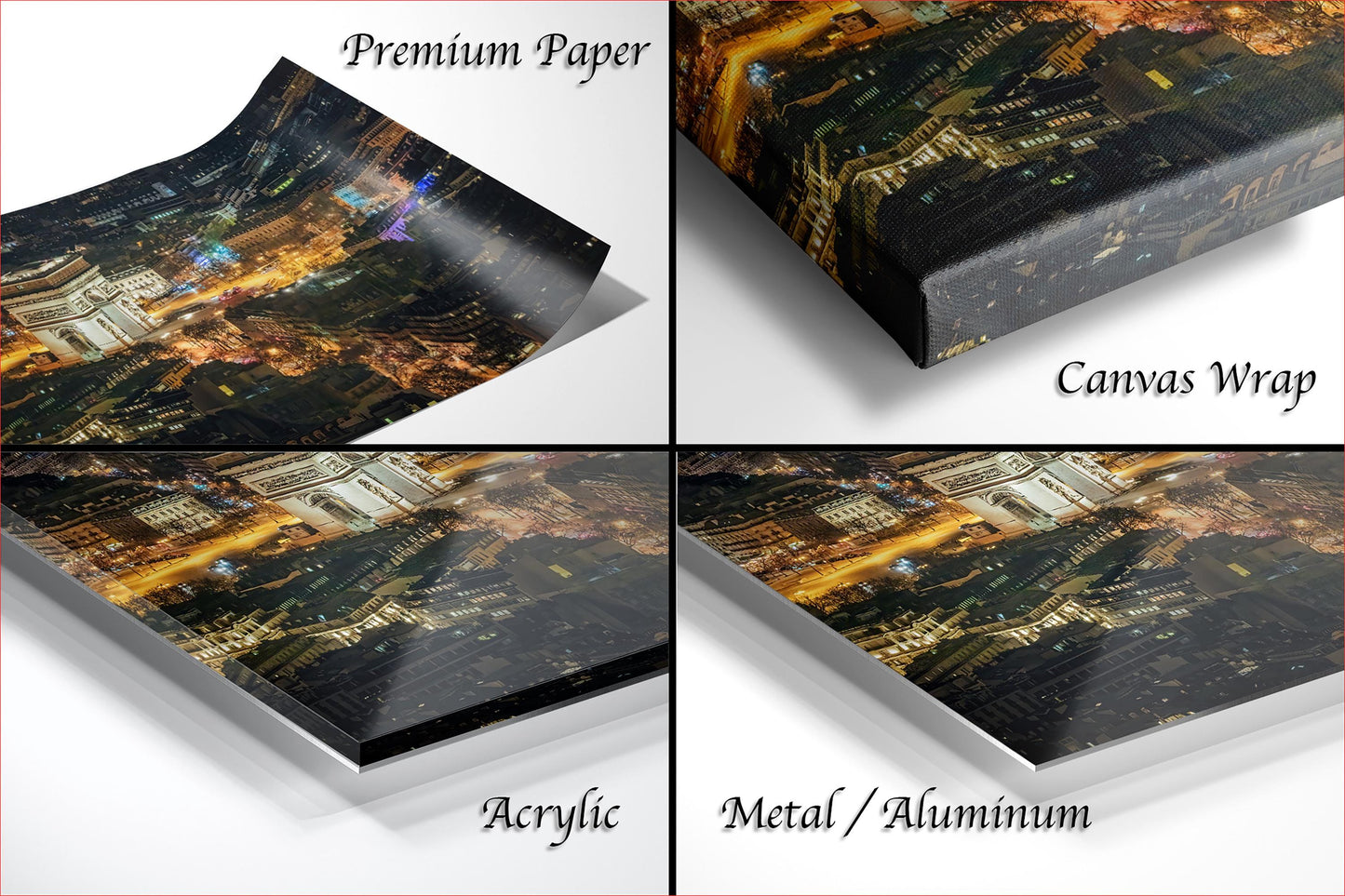 The image is a collage of four different views of a cityscape at night, each with a distinct finish: "Premium Paper", "Canvas Wrap", "Acrylic", and "Metal/Aluminum".