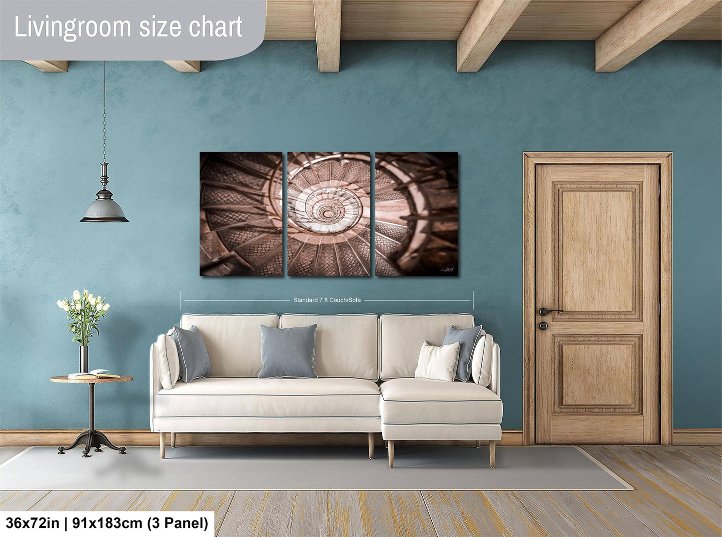 The image is a living room with a white sofa, a wooden door, and a spiral staircase on the wall. The living room appears to be modern and well-designed, with a blue wall and a wooden floor.