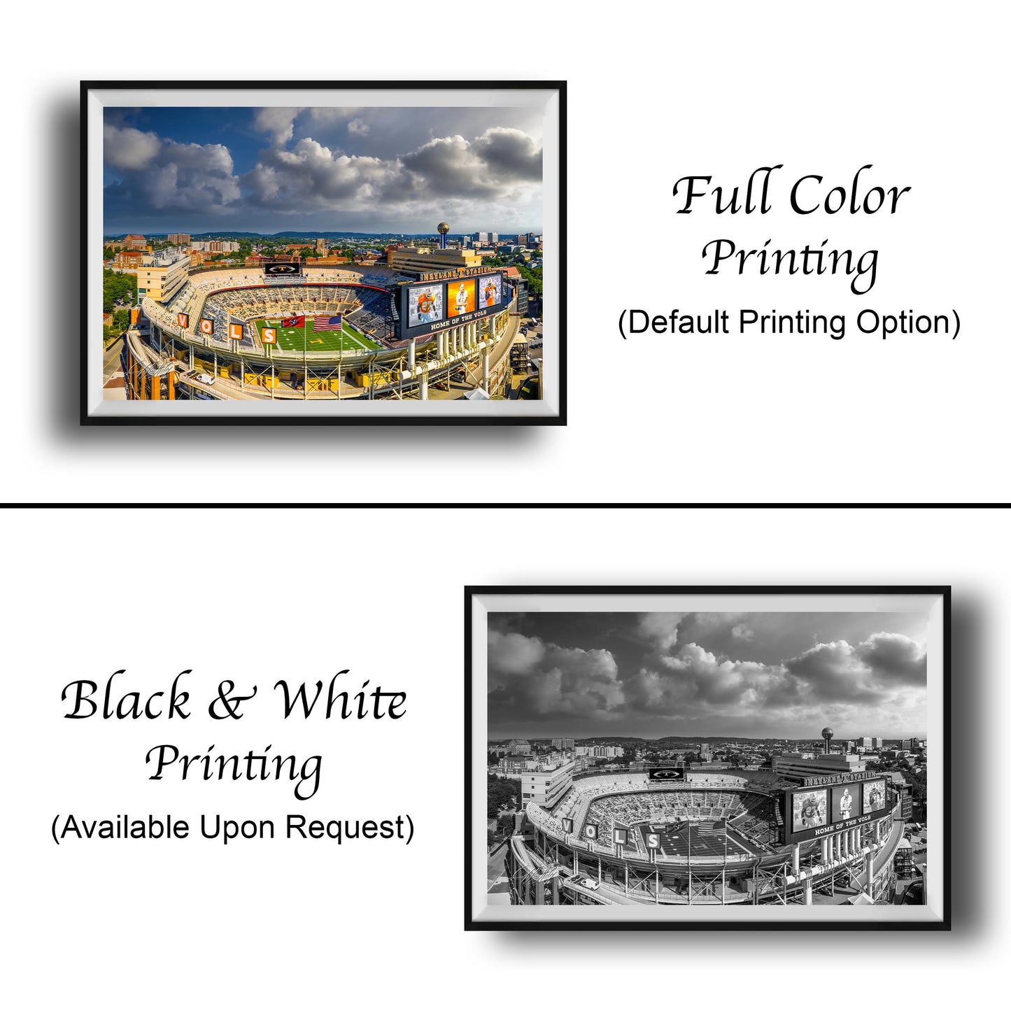 The image is a collage of two framed pictures. The left frame shows a full color image of a stadium, while the right frame displays a black and white image of the same stadium. Both frames have the caption "Full Color Printing (Default Printing Option)" and the caption "Black & White Printing (Available Upon Request)" printed below them.