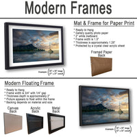 The image is a collage of two framed pictures, one of a sunset over a body of water and the other of a boat on a lake. The framed pictures are described as modern floating frames, which are ready to hang and have a frame width of 3/4" with a 1/4" gap. The frame for the sunset picture has a thickness of approximately 1.25" and is protected by a crystal clear acrylic sheet. The frame for the boat picture has a thickness of approximately 1.25" and is also protected by a crystal clear acrylic sheet.