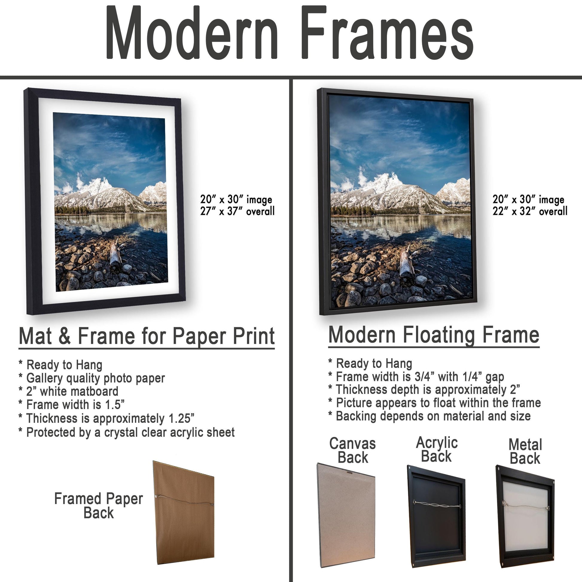 The image is a comparison of modern framed prints and modern floating frames for displaying photographs. It features two photographs of a mountain landscape, one in a traditional framed print and the other in a modern floating frame. The text provides details about the mat and frame for paper print and the frame for a modern floating frame, including their sizes, materials, and hanging options.