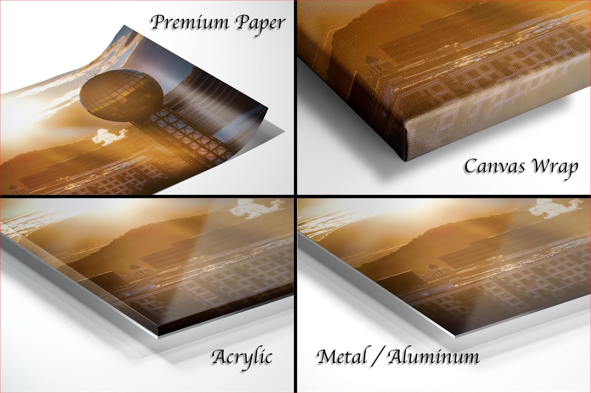 The image is a collage of four different views of a sunset over a city skyline, with each view labeled as either "Premium Paper", "Canvas Wrap", "Acrylic", or "Metal/Aluminum".