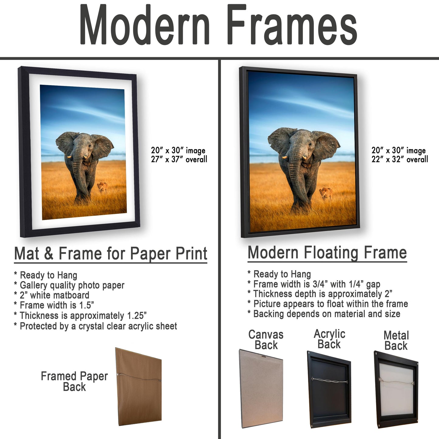 The image is a comparison of modern frames for different types of paper prints, including mat and frame options, as well as modern floating frames.