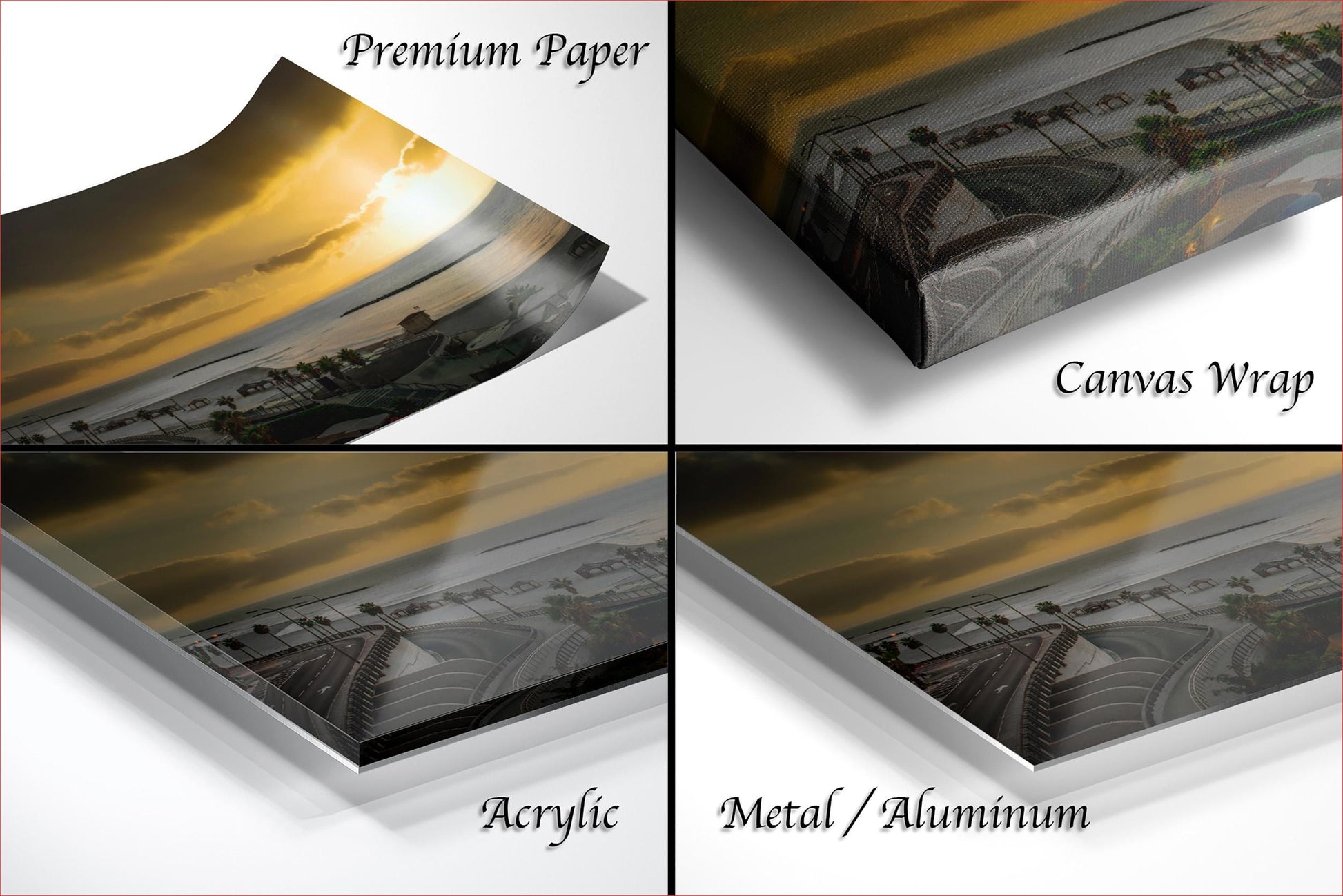 four different views of a sunset over a beach, each presented in a different medium: a printed photograph, a canvas wrap, an acrylic print, and a metal or aluminum print.