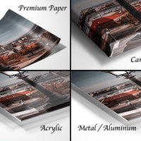 The image is a collage of four different photographs, each depicting a cityscape with a street lamp and buildings. The photographs are labeled as "Premium Paper", "Canvas Wrap", "Acrylic", and "Metal/Aluminum".