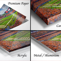 The image is a collage of four different images, each depicting a different aspect of a football stadium. The images include a close-up view of the field, a view of the crowd, and a view of the stadium's interior. The images are labeled as "Premium Paper", "Canvas Wrap", "Acrylic", and "Metal/Aluminum" to describe the materials used in the prints.