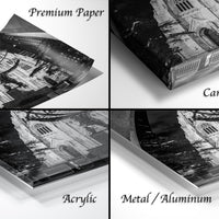 The image is a collage of four different views of a cathedral, each with a distinct perspective and angle. The images are labeled as "Premium Paper", "Canvas Wrap", "Acrylic", and "Metal/Aluminum".