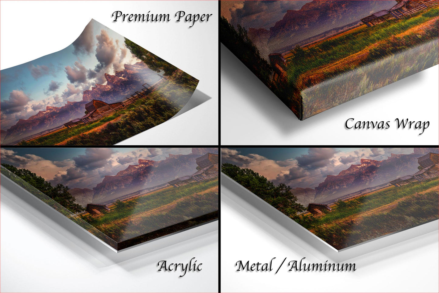 The image is a collage of four different views of a landscape, including a premium paper print, a canvas wrap, an acrylic print, and a metal/aluminum print.