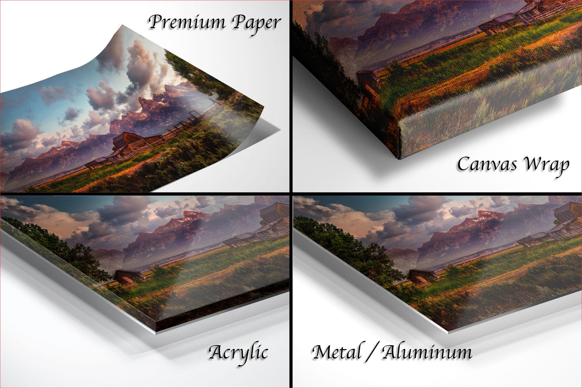 The image is a collage of four different views of a landscape, including a premium paper print, a canvas wrap, an acrylic print, and a metal/aluminum print.