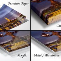 The image is a collage of four different views of a cityscape at night, showcasing the city lights and architectural details.