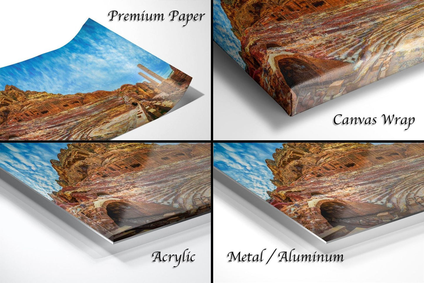 The image is a collage of four different images, each depicting a landscape with a castle or building. The images are labeled as "Premium Paper", "Canvas Wrap", "Acrylic", and "Metal/Aluminum".