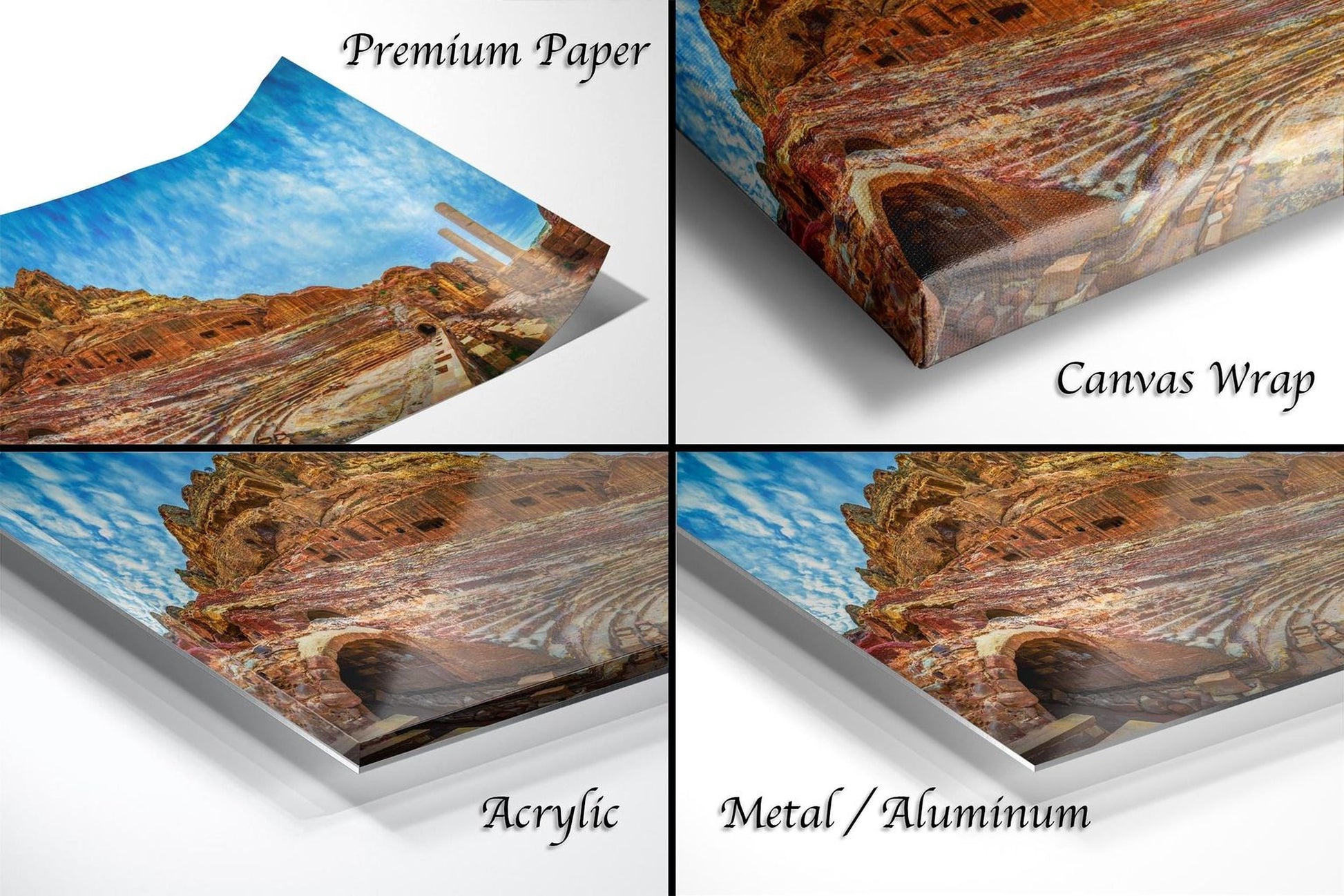 The image is a collage of four different images, each depicting a landscape with a castle or building. The images are labeled as "Premium Paper", "Canvas Wrap", "Acrylic", and "Metal/Aluminum".