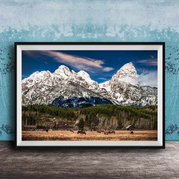 A framed photograph of a serene mountain landscape with snow-capped peaks, a lush green forest, and a herd of horses grazing in the foreground.