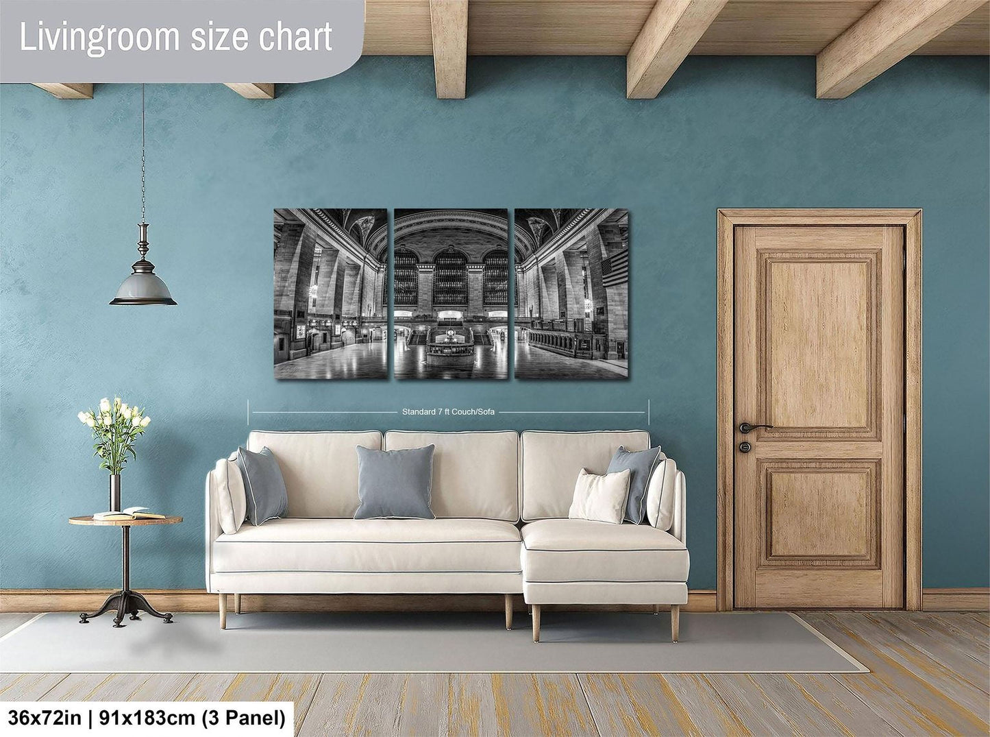 The image is a living room with a large, three-panel living room size chart on the wall. The chart provides dimensions for the living room, including the width and height. The living room is furnished with a white sofa and a wooden door, and there is a potted plant and a vase on a table nearby.