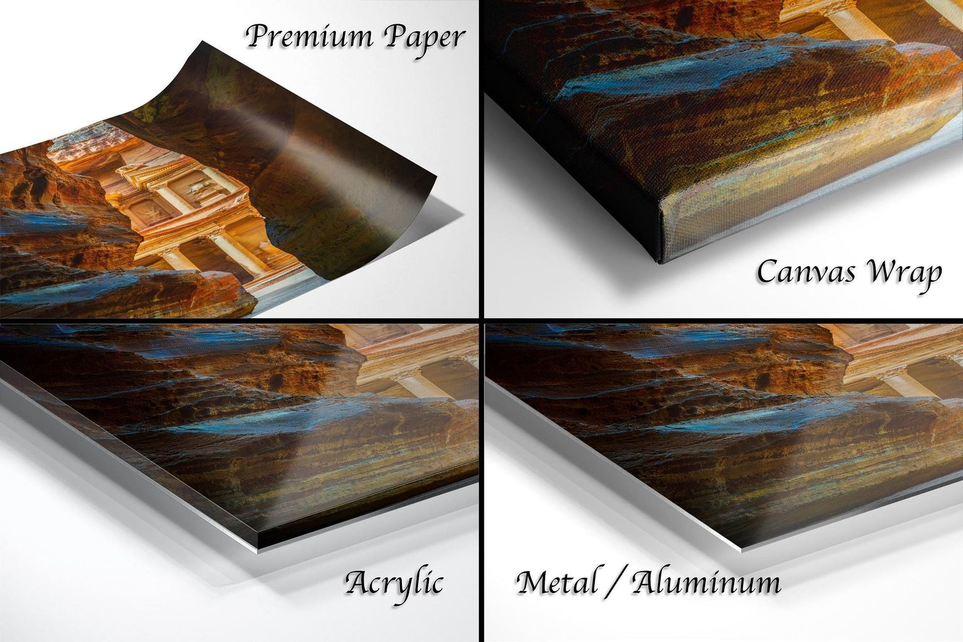 The image is a collage of four different views of a canyon landscape, each with a distinct texture and finish. The text labels the different materials used to create the artwork, including "Premium Paper", "Canvas Wrap", "Acrylic", and "Metal/Aluminum".