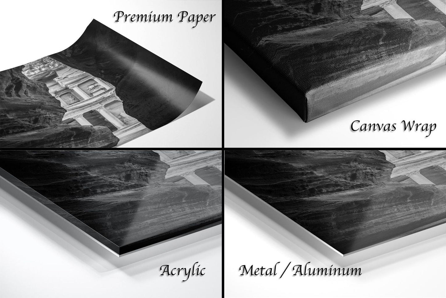 The image is a collage of four different views of a black and white photograph of a building, with each view labeled as "Premium Paper", "Canvas Wrap", "Acrylic", and "Metal/Aluminum".