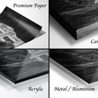 The image is a collage of four different views of a black and white photograph of a building, with each view labeled as "Premium Paper", "Canvas Wrap", "Acrylic", and "Metal/Aluminum".