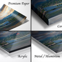 The image is a collage of four different views of a scenic landscape, including a mountain range, a body of water, and a cityscape. The collage is labeled as "Premium Paper", "Canvas Wrap", "Acrylic", and "Metal/Aluminum".