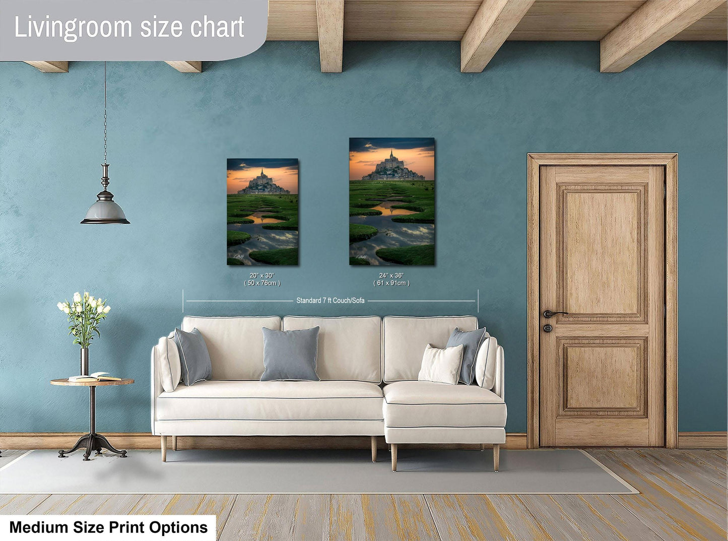 a living room with a white sofa, a wooden door, and a painting of a castle in the background. The painting is hung on the wall above the sofa, and the sofa is positioned in front of the painting.