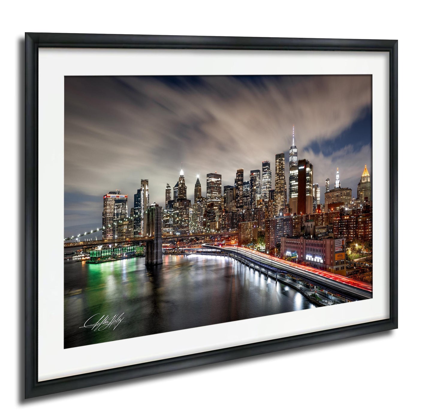 a cityscape at night, with a skyline of tall buildings illuminated by bright lights. The city is reflected in the water below, creating a stunning and vibrant scene.