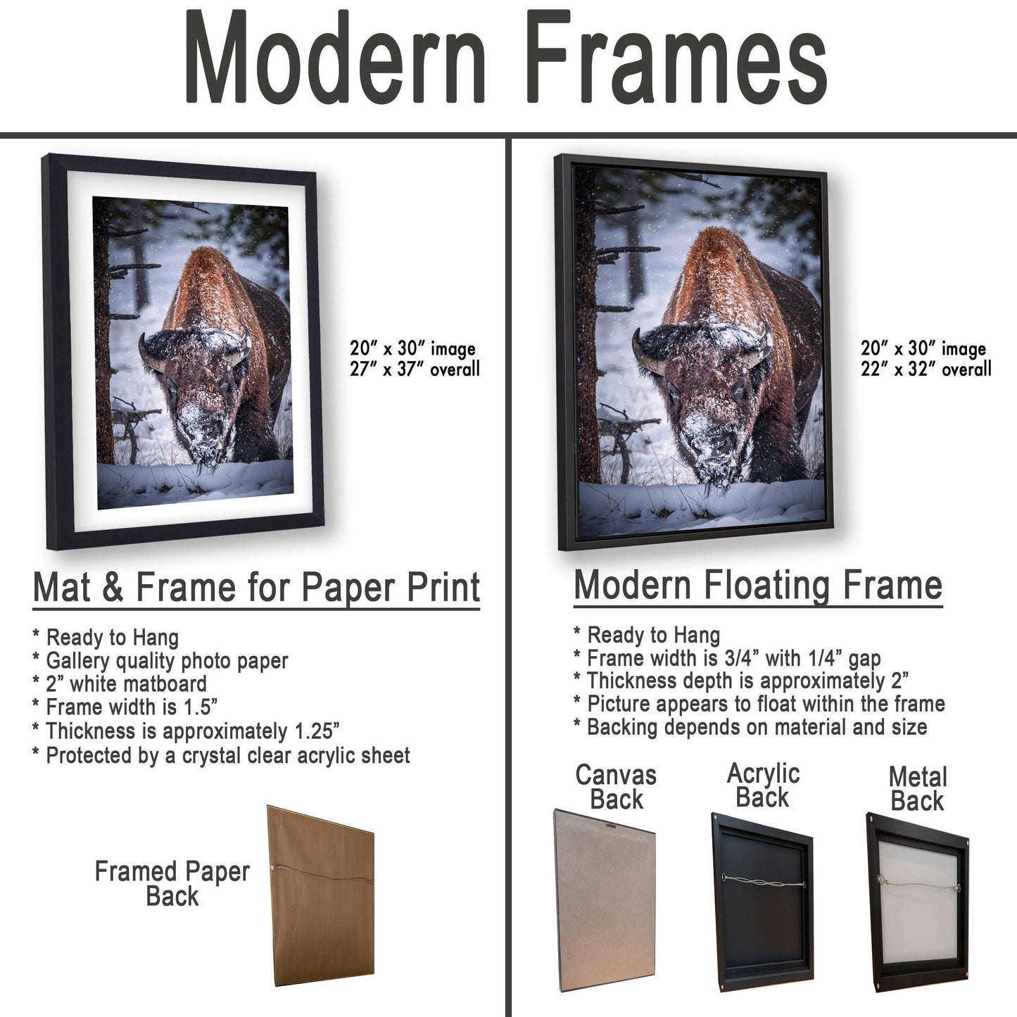 two framed prints, one with a mat and frame for a paper print and the other with a modern floating frame.
