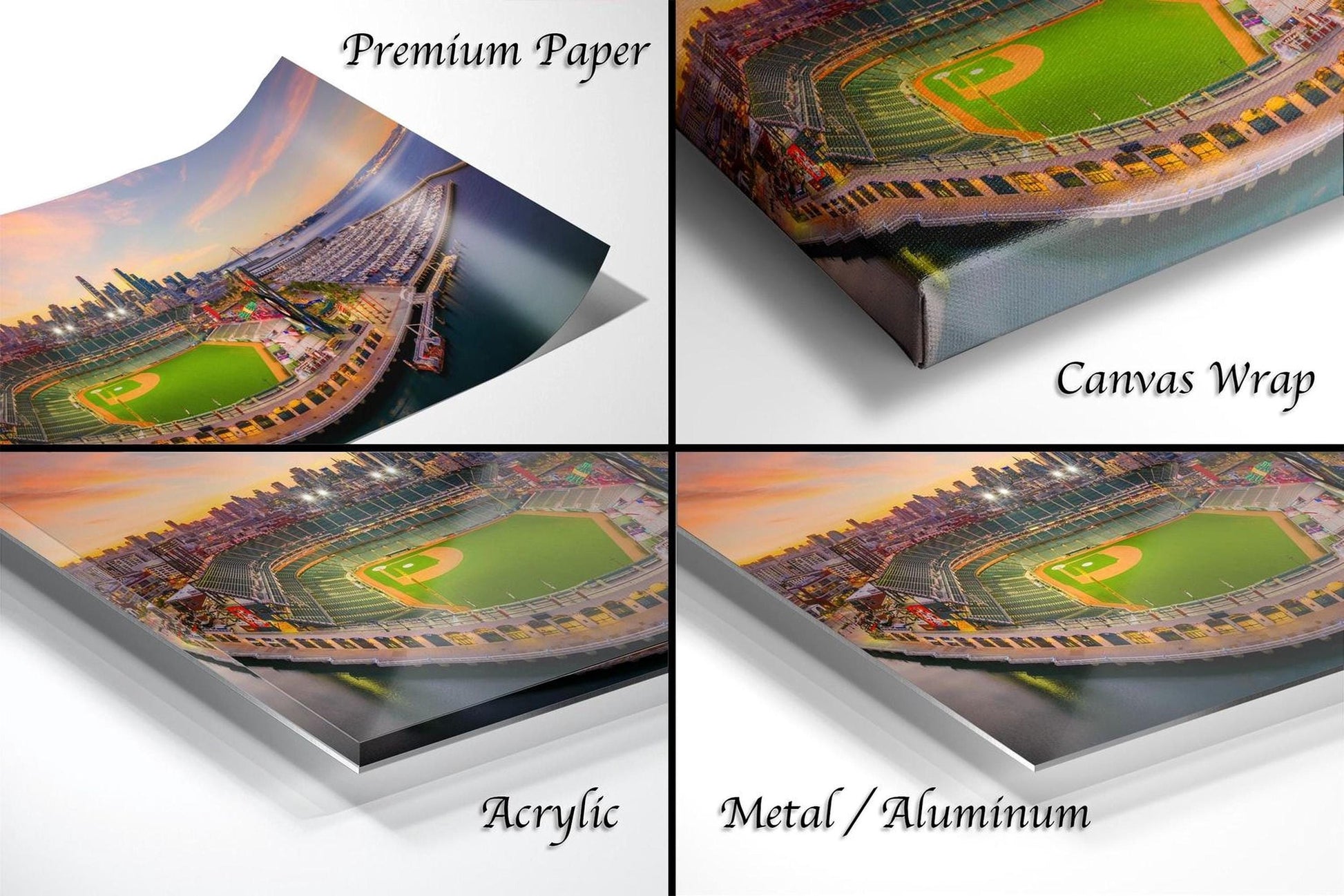 The image is a collage of four different views of a baseball stadium, showcasing the field, surrounding cityscape, and sunset.