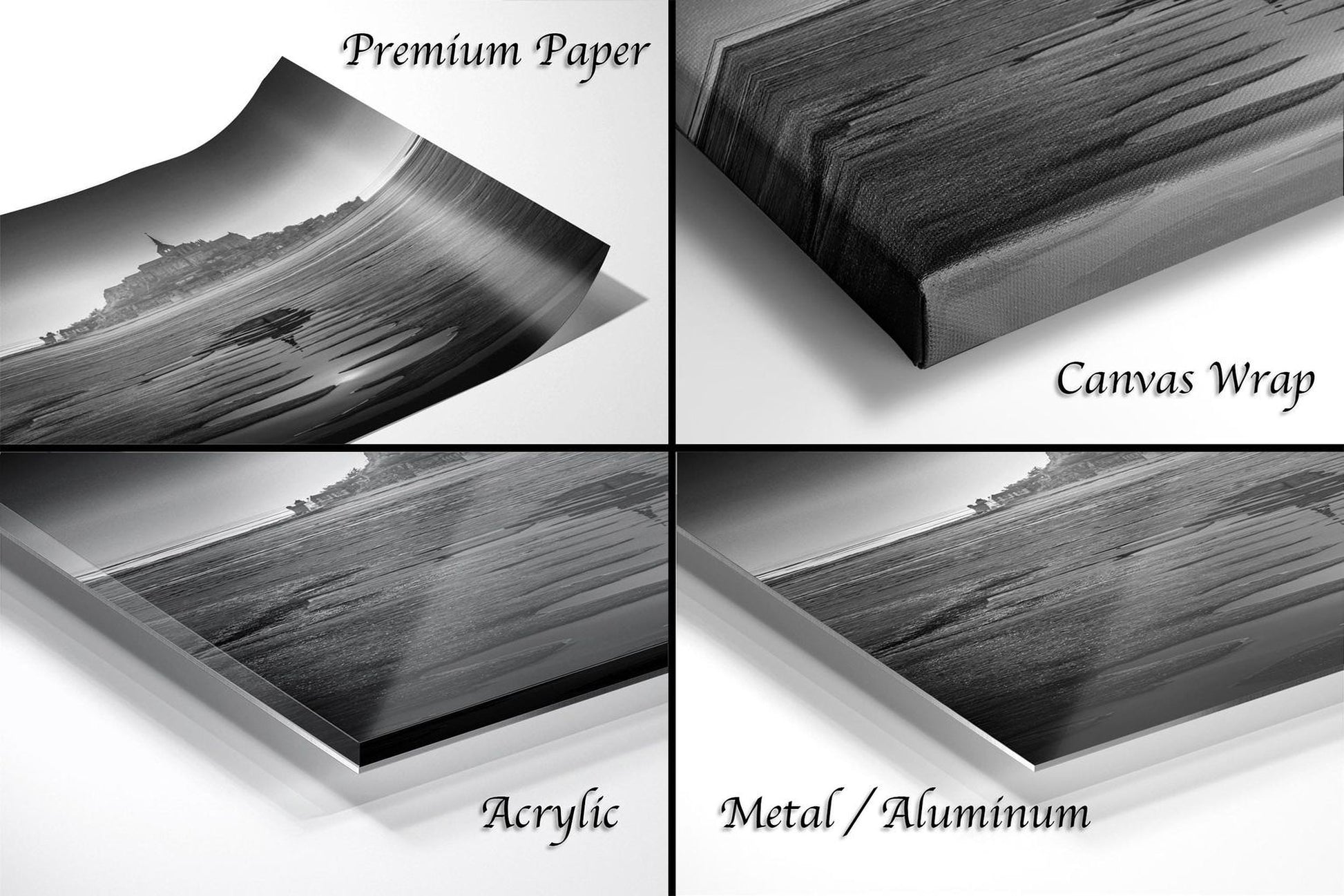 The image is a collage of four different types of photographic prints, including a premium paper print, a canvas wrap, an acrylic print, and a metal/aluminum print.