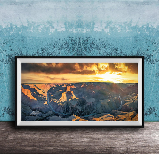 The image is a framed photograph of a breathtaking view of the Grand Canyon at sunset, with the sun setting behind the mountains and casting a warm, golden glow over the landscape.