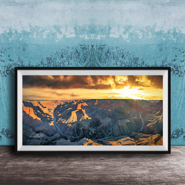 The image is a framed photograph of a breathtaking view of the Grand Canyon at sunset, with the sun setting behind the mountains and casting a warm, golden glow over the landscape.