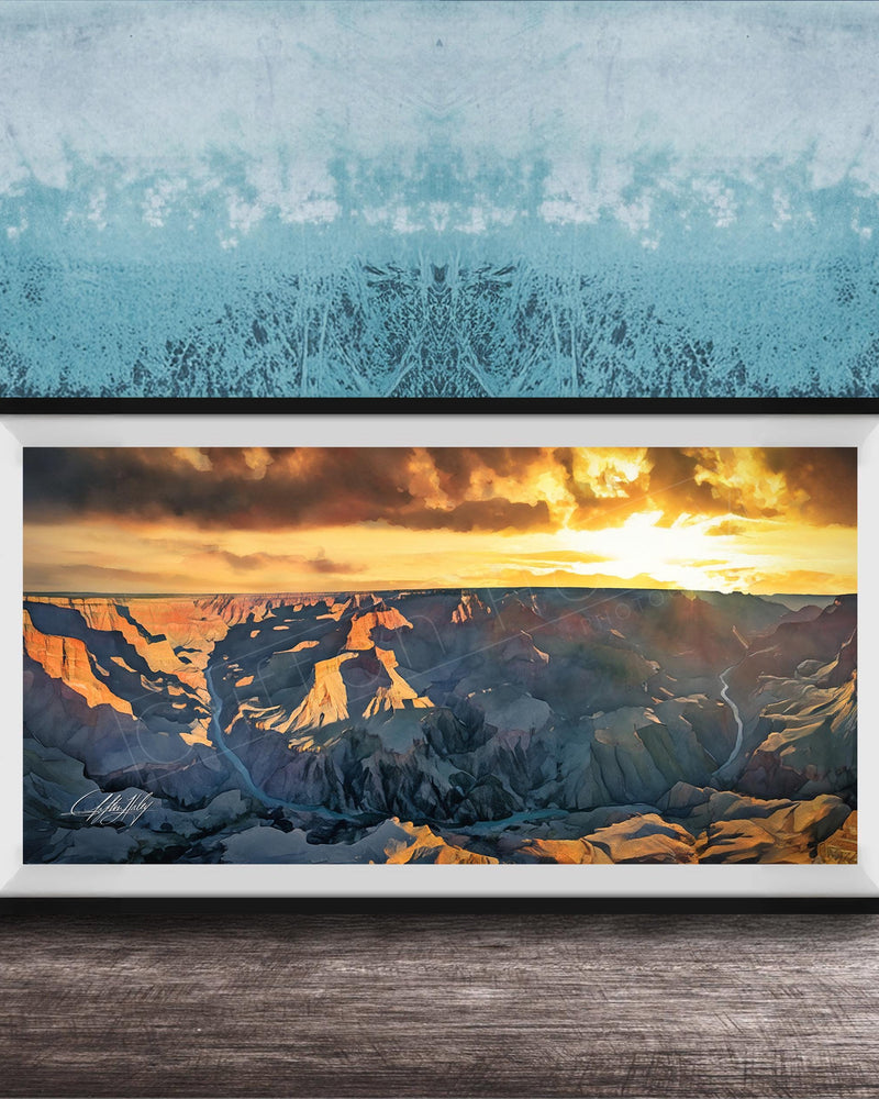 The image is a framed photograph of a breathtaking view of the Grand Canyon at sunset, with the sun setting behind the mountains and casting a warm, golden glow over the landscape.