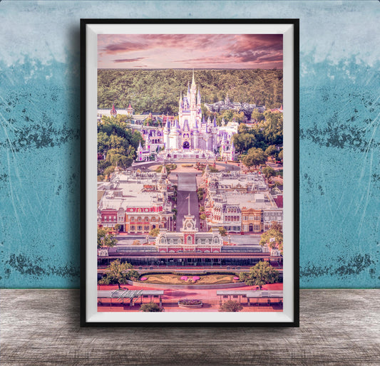 A framed image depicting a fantastical castle-like structure surrounded by a colorful, whimsical landscape, with a cloudy sky in the background.