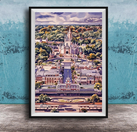 A framed illustration depicting a fantastical cityscape with a castle-like structure in the center, surrounded by lush greenery and a winding road.