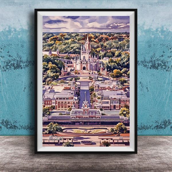 A framed illustration depicting a fantastical cityscape with a castle-like structure in the center, surrounded by lush greenery and a winding road.
