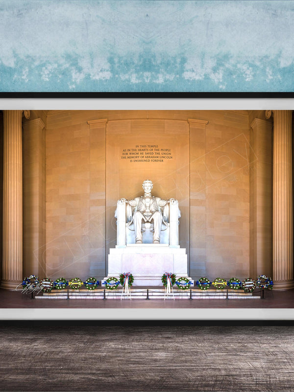 This fine art photograph captures the Lincoln Memorial in Washington DC during the quiet beauty of sunrise. The iconic marble statue of Abraham Lincoln sits beneath the powerful inscription honoring the president who preserved the Union. With soft morning light illuminating the historic monument and ceremonial wreaths placed along the base, this image celebrates one of America’s most meaningful landmarks. Perfect for collectors of Washington DC photography, presidential history artwork