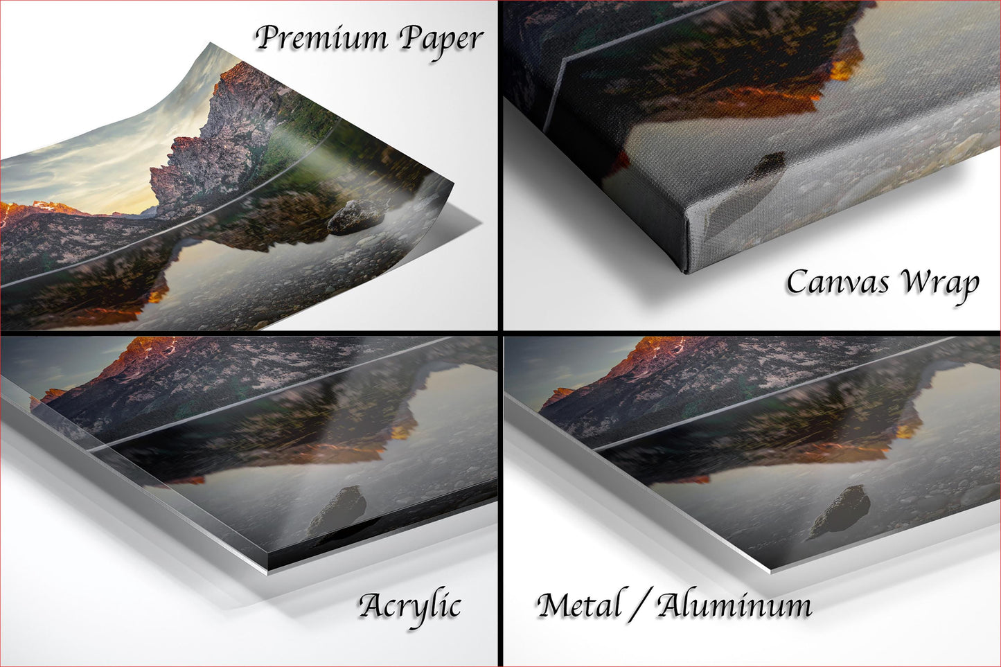 The image is a collage of four different views of a landscape photograph, including a close-up of the paper, a close-up of the canvas wrap, and a close-up of the metal or aluminum finish.