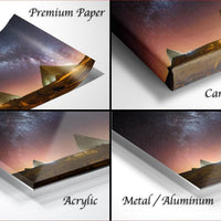 The image is a collage of four different views of a night sky with a pyramid-shaped structure, each with a different description: "Premium Paper", "Canvas Wrap", "Acrylic", and "Metal/Aluminum".
