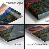 The image is a collage of four different views of a landscape, including a premium paper print, a canvas wrap, an acrylic print, and a metal/aluminum print.