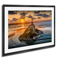 Mont Saint-Michel Poster – Normandy Coastal Art | Sunrise Fog Print with Stormy Sky