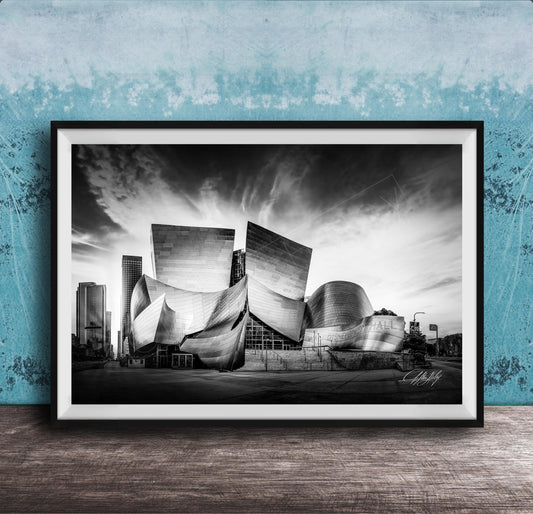 A black and white photograph of the Walt Disney Concert Hall in Los Angeles, California, with its distinctive curved roof and modern architectural design.