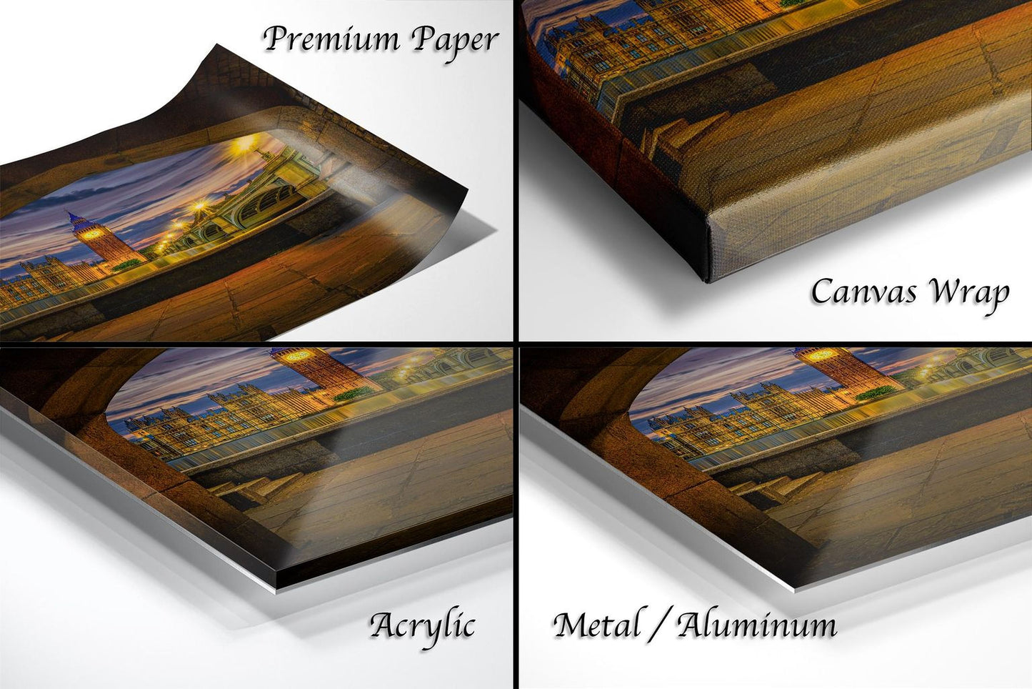 The image is a collage of four different views of a cityscape at night, with the city illuminated by lights. The collage includes three different perspectives of the city, each with a distinct angle and lighting. The collage is labeled as "Premium Paper", "Canvas Wrap", "Acrylic", and "Metal/Aluminum".