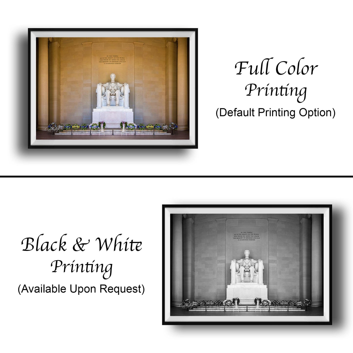 This fine art photograph captures the Lincoln Memorial in Washington DC during the quiet beauty of sunrise. The iconic marble statue of Abraham Lincoln sits beneath the powerful inscription honoring the president who preserved the Union. With soft morning light illuminating the historic monument and ceremonial wreaths placed along the base, this image celebrates one of America’s most meaningful landmarks. Perfect for collectors of Washington DC photography, presidential history artwork