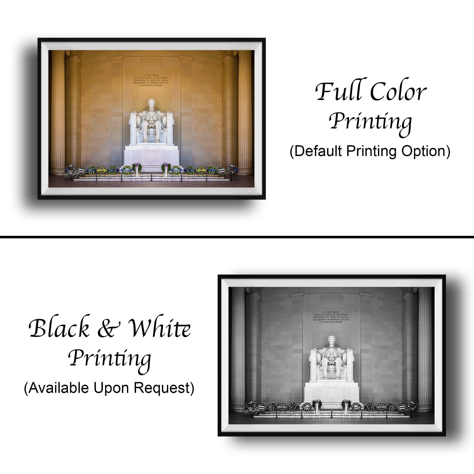 This fine art photograph captures the Lincoln Memorial in Washington DC during the quiet beauty of sunrise. The iconic marble statue of Abraham Lincoln sits beneath the powerful inscription honoring the president who preserved the Union. With soft morning light illuminating the historic monument and ceremonial wreaths placed along the base, this image celebrates one of America’s most meaningful landmarks. Perfect for collectors of Washington DC photography, presidential history artwork