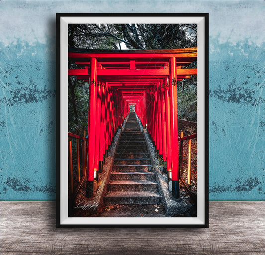 A framed photograph depicting a long, narrow red torii gate leading down a set of stairs, surrounded by lush greenery.