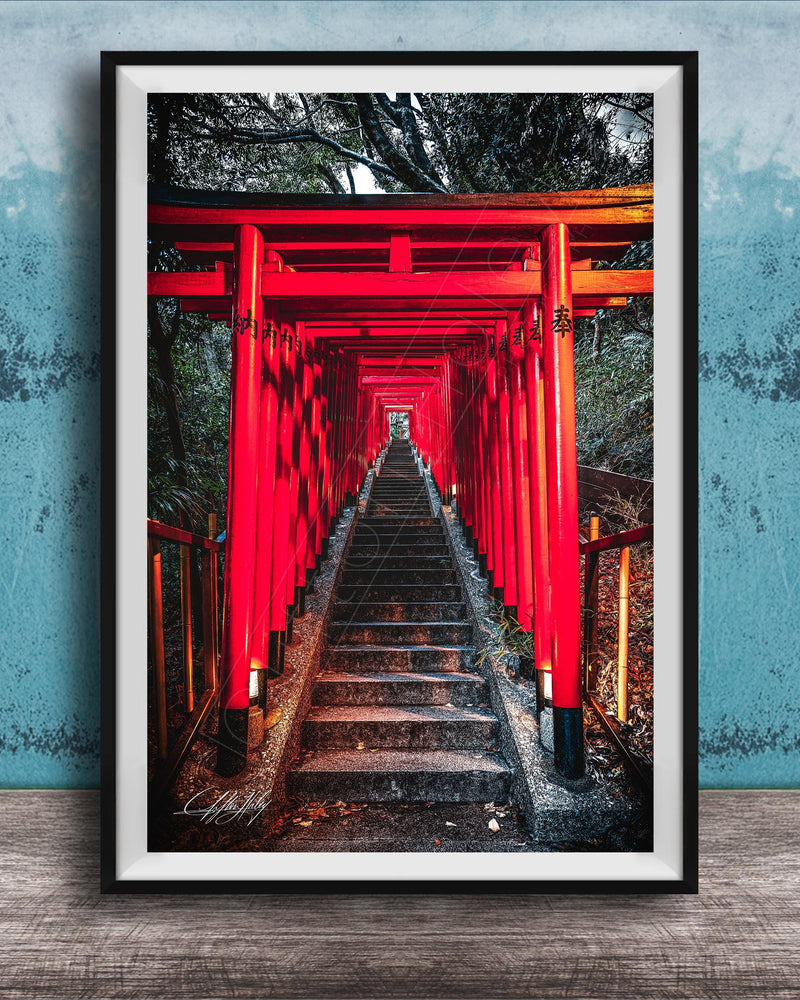 A framed photograph depicting a long, narrow red torii gate leading down a set of stairs, surrounded by lush greenery.