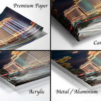 The image is a collage of four different views of a cityscape at night, featuring a large building illuminated by lights. The collage includes three different perspectives of the same cityscape, with the fourth one showing a different angle or viewpoint.