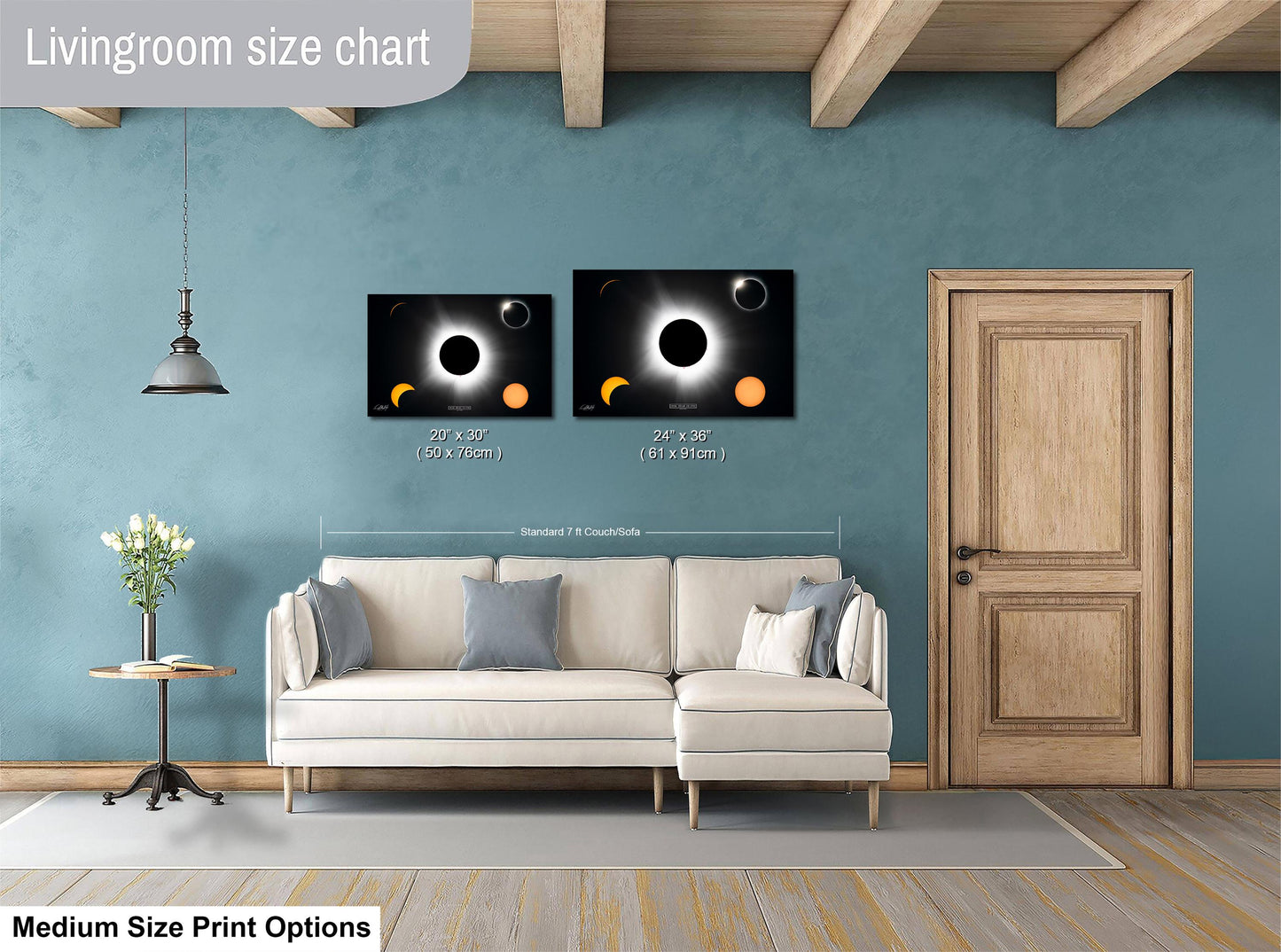 a living room with a white sofa, a wooden door, and a painting of a solar eclipse on the wall. The painting is of medium size, and the living room appears to be designed for a comfortable and relaxing atmosphere.