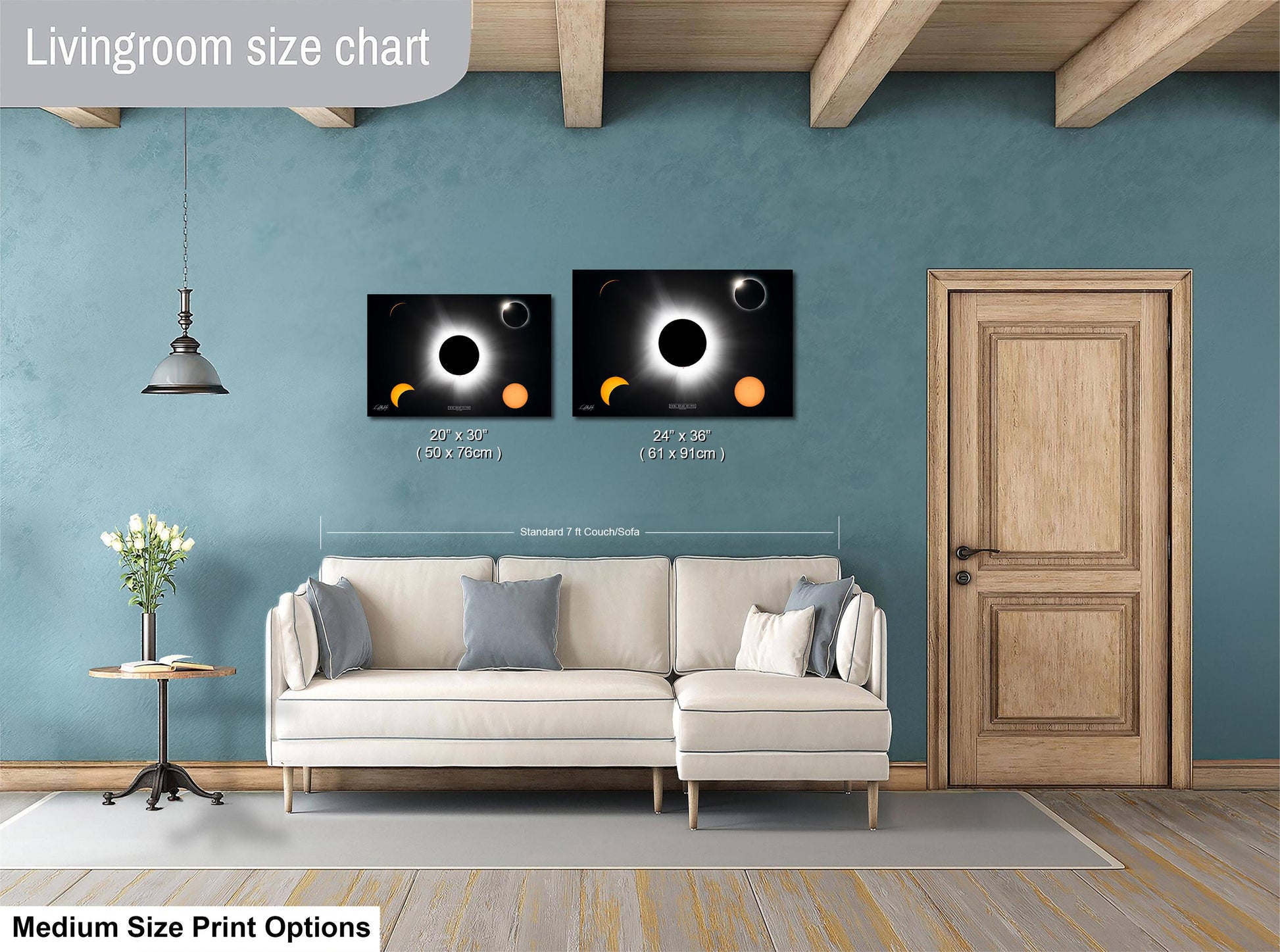 a living room with a white sofa, a wooden door, and a painting of a solar eclipse on the wall. The painting is of medium size, and the living room appears to be designed for a comfortable and relaxing atmosphere.
